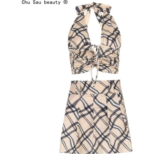2020 New Ins Fashion Streetwear Style Plaid Print Two Piece Sets Women Sexy Backless Sleeveless Crop Top+Mini Skirts Set Female