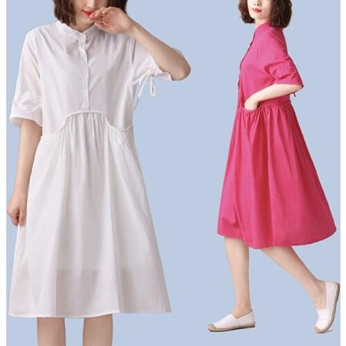 New Arrival Simple Solid Sweet Cotton Linen Short Sleeve Dress 2021 Summer Casual Pocket Loose Women Long Dress Free Shipping