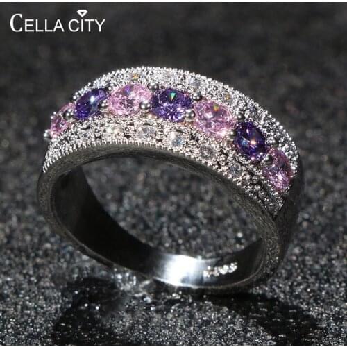 Cellacity Silver 925 Jewelry Geometry Gemstones Ring for Women Delicate Pink Purple Zircon Trendy Weddings Accessory Wholesale