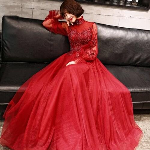 Long Sleeve Evening Dresses High Collar Burgundy Formal Dress Women Elegant Zipper Long Zipper Evening Dress