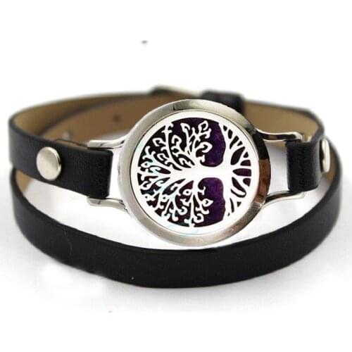 5PCS Black Leather Bracelet 25mm Screw The Tree Of Life Aroma Essential Oil Diffuser Locket Bracelet For Replacement Pads