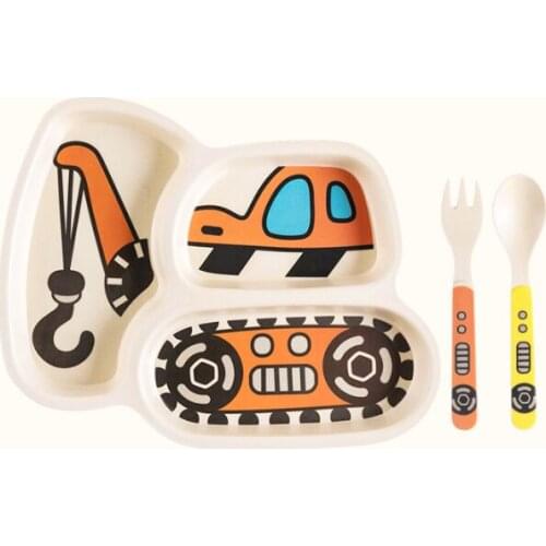 3Pcs/Set Baby Feeding Bowl Plate Dishes Fork Spoon Children Tableware Bamboo Fiber Kids Cartoon Separation Feeding Plate