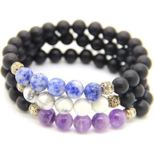 Ailatu Men and Womens Couples Fashion Natural Blue Dot, White Howlite, Purpal Crystal Stone Beads Bracelet Lovers' Bangles