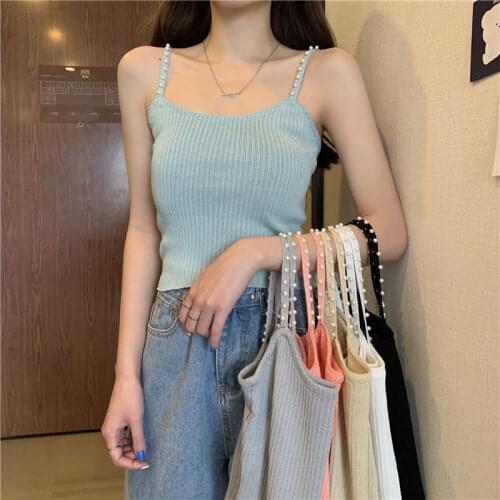 Women Tanks Tops Summer 2021 Sleeveless Beaded Knitted Camisole for Women Camis Crop Top For Women
