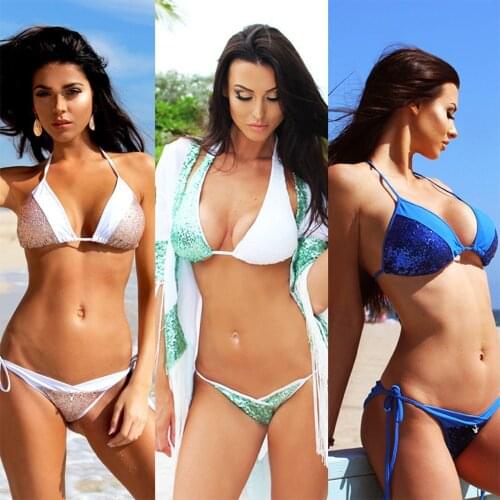 European And American Fashion Sexy Sequins Swimsuit Two Piece Low Rise Bikini 2020 Womens New Swimwear Summer Beach Surf Sport