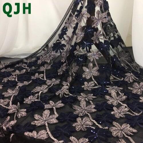 Exquisite Two-color Beads Embroidery mesh tulle lace fabric 1 yard Fashion Apricot blue Leaves womens dresses embroidered cloth