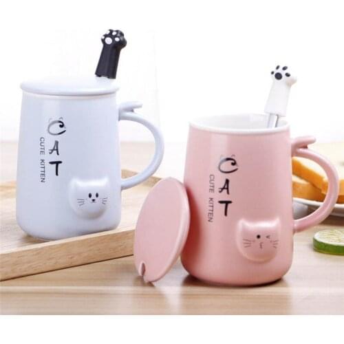Ceramic Cute Cat Coffee Mug Office Water Drinking Cup Milk Cups and Mugs With Lids and Spoon White Black Pink Blue Mug For Home