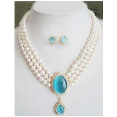 3 Row Genuine White Pearl Sky-Blue Opal Pendant Necklace Earrings Set