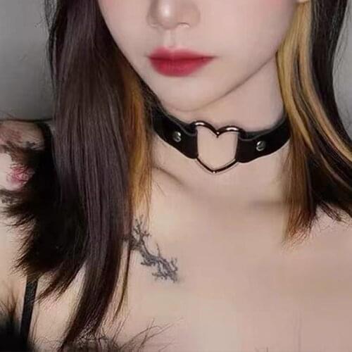 Cool Gothic Punk Women Trendy Torques 2021 Unisex Lady Street Rock PU Strap Metal Round Heart Button Adjustable Necklace Sexy