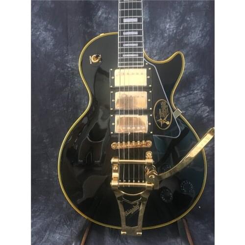 Custom Electric Guitar Shop, Solid Mahogany Body, Black Paint And Yellow Binding, Gold Hardware, 3 Pieces
