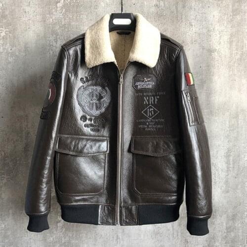 New Fashion Men Leather Jackets Sheepskin Real Cashmere Liner Embroidered Badge Lapel Mens Shearling Jackets High Quality
