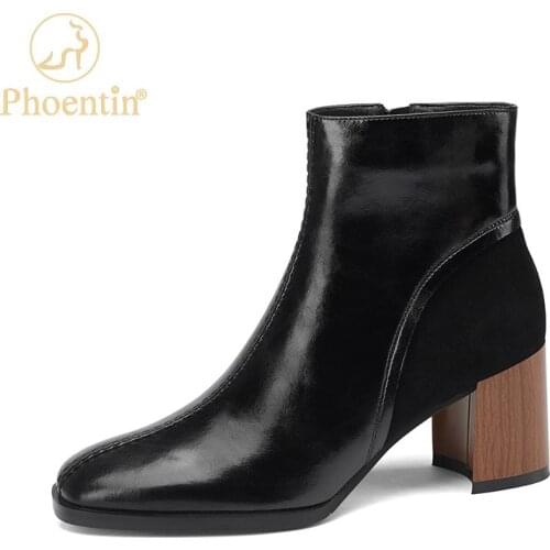 Phoentin Womens Retro Ankle boots short patchwork zip boot 2021 Autumn Winter new high heels Genunine leather shoes FT1643