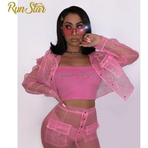 RunStar Women 2 Piece Set Summer See Through Outfits Turn Down Collar Button Jackets Top and Mini Skirt Set Night Party Clubwear