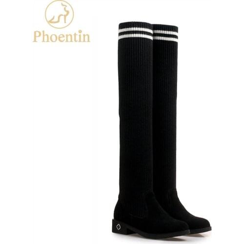 Phoentin sock boots women 2019 overknee boots stretch fabric flat heels footwear woman flock round toe female shoes black FT539