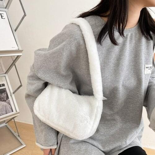 Simple Design Women Soft Plush Shoulder Bags Winter Furry Ladies Clutch Purse Handbag Fashion Female Baguette Underarm Bag