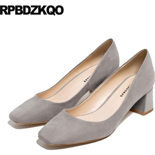 Black fashion shoes 2019 luxury women square toe slip on nude ladies size 4 34 suede casual pumps thick medium heels gray high