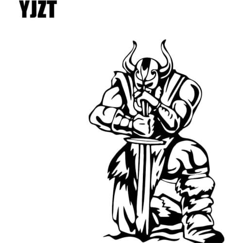 YJZT 9.7*14.5CM Covering The Body Kneel Ready To Attack Viking Warrior Soldier Car Sticker Black/Silver Vinyl C21-0033