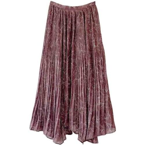 Kuzuwata Elegant Sweet Chic Print Asymmetrical Women Skirts 2021 New Stretch Waist Pleated Skirt Spring Mid Length Jupe 1H964