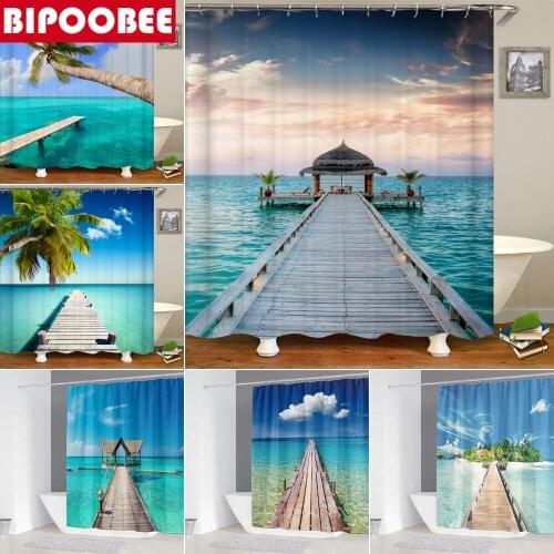 3D Ocean Scenery Shower Curtains Coastal Long Bridge Patio Printing Bathroom Curtain Home Decor with Hooks Bathtub Bath Screen