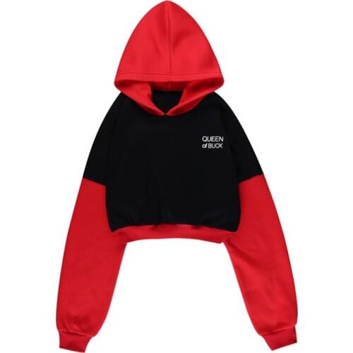 Autumn Women Goth Long Sleeves Hoodies Queen Of Buck Patchwork Loose Crop Top Letter Print Hooded Pullover Sweatshirts