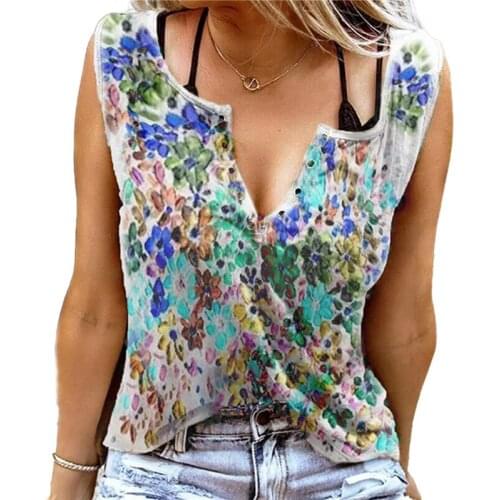 Women Fashion Summer V-Neck Digital Print Pullover Sexy Casual Vest Loose Butterfly Print Sleeveless T-Shirt Clothing