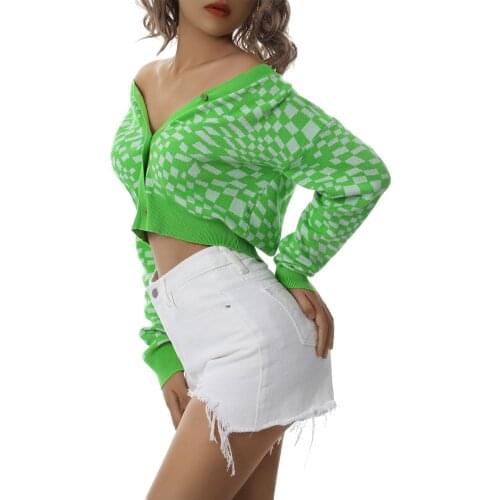 2021 Cardigan Women V-neck Button-up Knitted Tops Water Wave/Geometry Print Long Sleeve Sweaters Cardigan for Spring Autumn