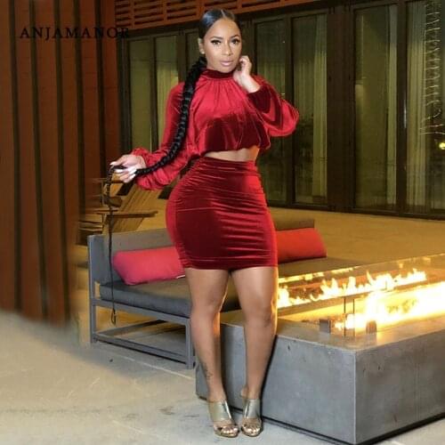 ANJAMANOR Red Velvet Sexy Two Piece Set Women Long Sleeve Crop Top and Skirt 2 Piece Birthday Outfit Club Matching Sets D37-DE35