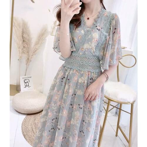 JuneLove 2020 Lady Long Sleeve Floral Dress Women V-neck Elegant Lace Print Dress Female High Waist French Retro Vestidos