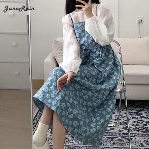 Sweet Floral Dress Sets Women Long Lantern Sleeve White Undershirts Gentle Strap Embroidery Mid-Calf Dresses Ulzzang Cute Dress