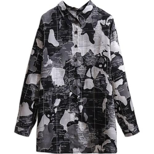 2021 Oversized Womens Shirt Tops Spring Summer Map Print Long-Sleeves Blouse Plus Size XXL-6XL Loose Vintage Black Shirts KW501