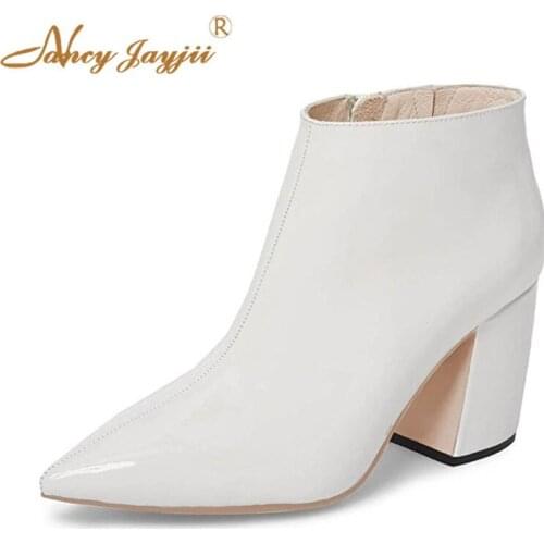 2021 Off White Black Red Vegan 80mm Woman Boots Bota Ladies Shoes Dress Classic High Block Heels Zipper Side Patent Leather 44