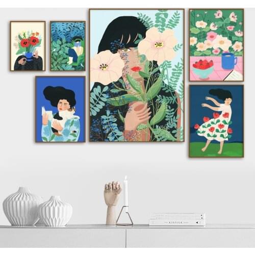 Abstract Fashion Moroccan Girl Leaf Flower Wall Art Canvas Painting Nordic Posters And Prints Wall Picture For Living Room Decor