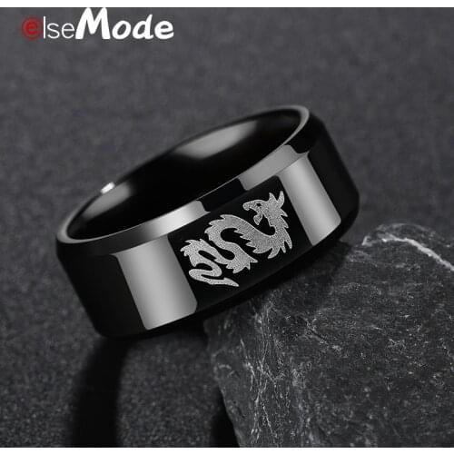 ELSEMODE Lucky Amulet Black Titanium Steel Dragon Ring For Men Vintage Gothic Jewelry Size 7-13