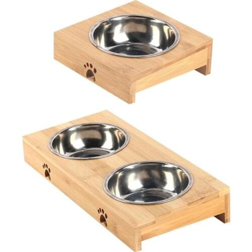 Pet Food Water Feeding Bowl for Dogs Cats Natural Bamboo Stent Pet Single / Double Bowl Tableware Balance Environmental