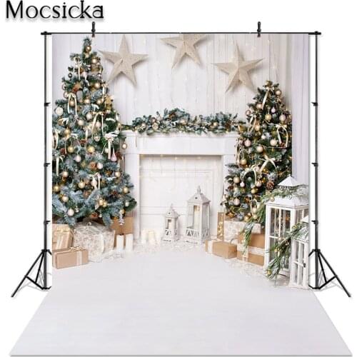 Mocsicka Indoor Christmas Photography Backdrops White Fireplace Wood Floor Photo Background for Children Portrait Photoshoot