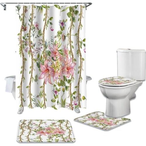 Plant Flower Lily Pink Shower Curtain Sets Non-Slip Rugs Toilet Lid Cover and Bath Mat Bathroom Curtains Set