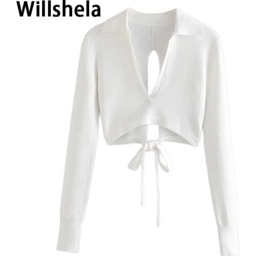 2021 New Women White Cropped Tops Sexy V-neck Collared Long Sleeves Elegant Chic Lady High Fashion knitted T-shirt Woman Clothes