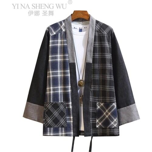 News Japanese Men Plaid Kimono Japan Haori Outterwear Hanten Coats Fashion Males Samurai Clothing Fashion Kimono Yukata Clothes
