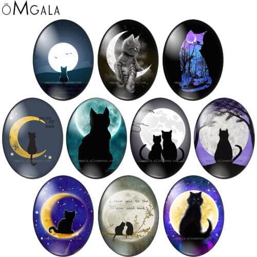 Lovely Artistic Conception Cat with Moon Art Images 13x18mm/18x25mm/30x40mm Oval photo glass cabochon flat back Making findings