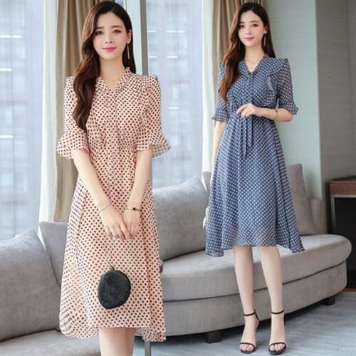2020 Women Dress Summer Ruffle Sleeve Bow Tie Polka Dot Chiffon Dress Women Elegant French Retro V-Neck Elastic Waist Midi Dress