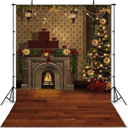 Christmas Photography Background Christmas Tree Fireplace Gift Wooden Floor Backdrop Decoration Props Banner For Photo Studio