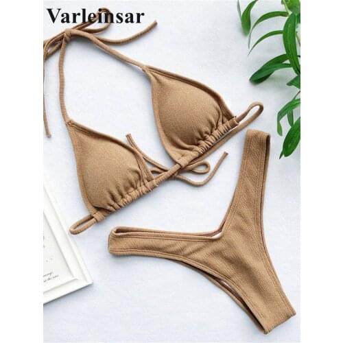 Sexy Ribbed Brazilian Bikini 2020 Swimsuit Female Swimwear Women Two-pieces Bikini set with Halter Bather Bathing Suit V1192