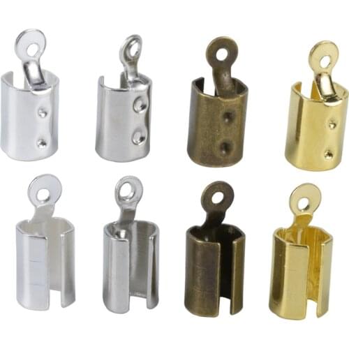 100Pcs/Lot Cords Crimp End Beads Caps With Leather Clip Tip Fold Crimp Bead Bracelet Connectors For Jewelry Making Findings