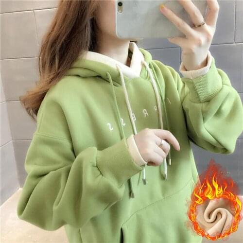 Patchwork Hooded Sweatshirt 2021 Womens Plush Thick Embroidered Long Sleeve Top Student Korean Loose And Versatile Coat Fashion