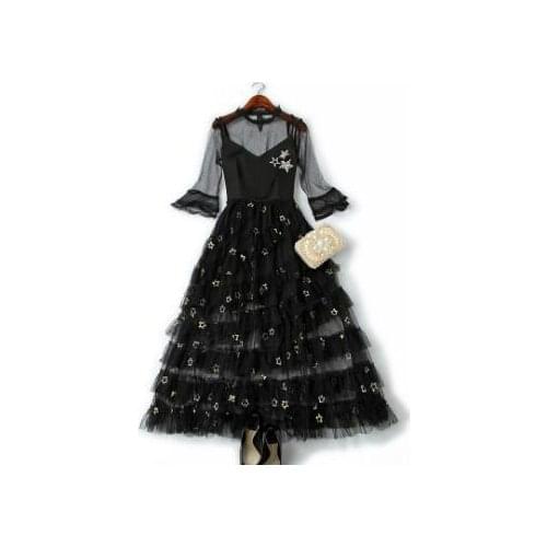 2019 summer womens new trumpet sleeve mesh shirt + star embroidery cake suspender skirt two-pieceT3570