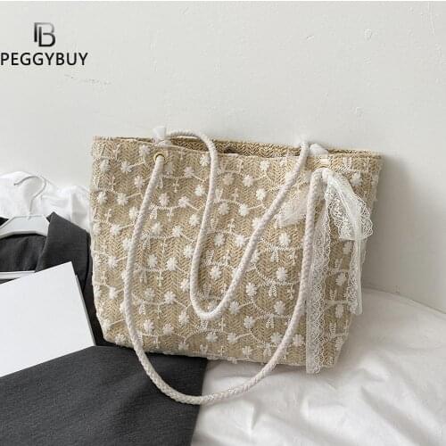 Women Straw Woven Lace Embroidery Shoulder Bag Casual Ladies Summer Beach Vacation Large Capacity Tote Handbags