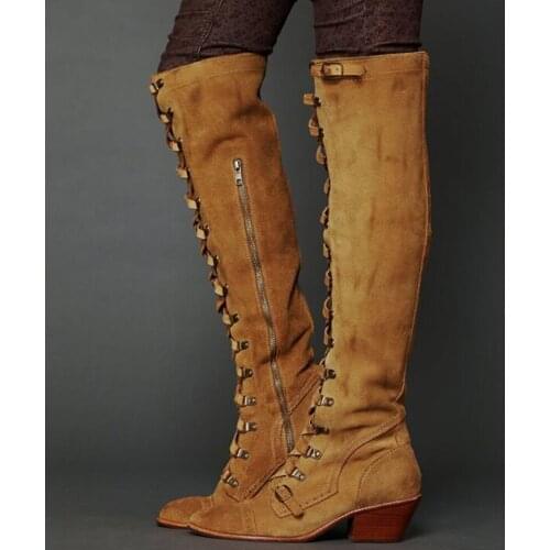Popular Ladies Retro Suede Lace Up Martin Boots Fall Fashion Woman Med Chunky Heels Buckled Knee Boots Side Zipper Motorcycle Bo
