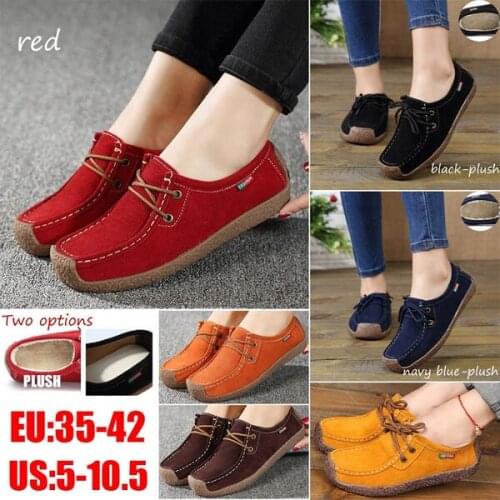 6 Colors Women Genuine Leather Shoes Casual Flats Woman Hand-sewn Suede Loafer Winter Warm Shoes(Size EU 35-42 )