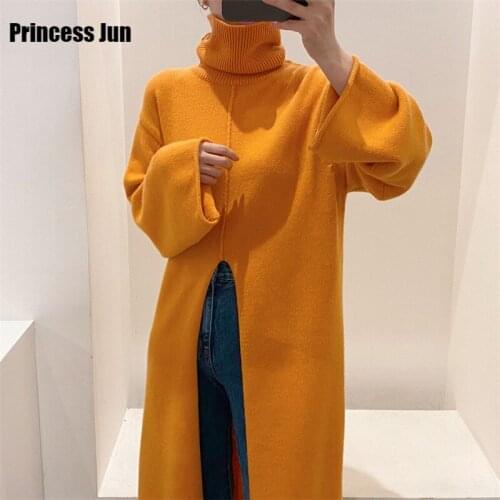 Women Fashion Chic Niche Long All-match Black Orange Sweater Long Sleeve Warm Turtleneck Knitted Tops New Design Split Pullover
