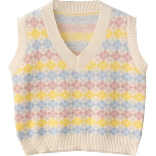 Autumn new Japanese college style contrast color diamond plaid loose sweater vest women